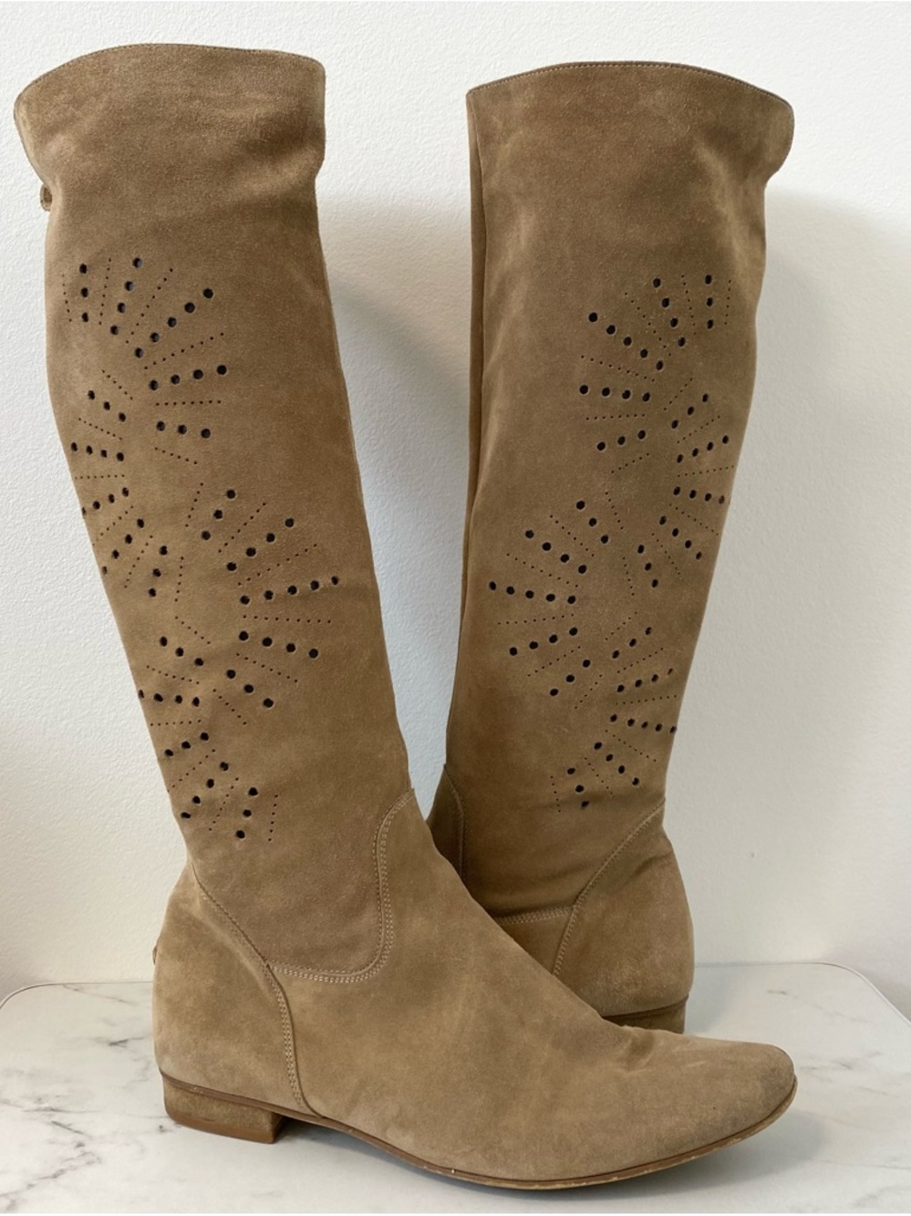 Suede Knee High Western Boots Tan Cutwork Laser Cut Festival Coastal Cowgirl 41